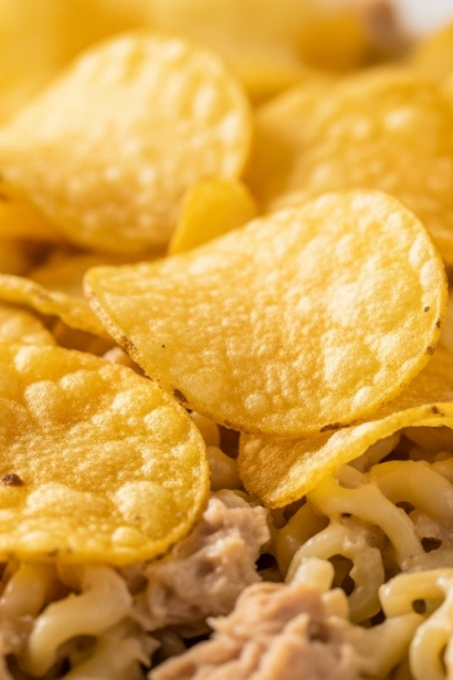 Delicious and Crunchy Tuna Noodle Casserole with Golden Potato Chip Topping