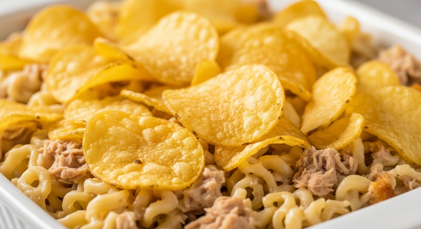 Delicious and Crunchy Tuna Noodle Casserole with Golden Potato Chip Topping