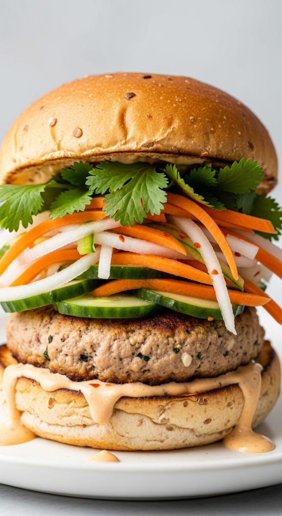 Healthy Banh Mi-Inspired Turkey Burgers with Zesty Pickled Veggies