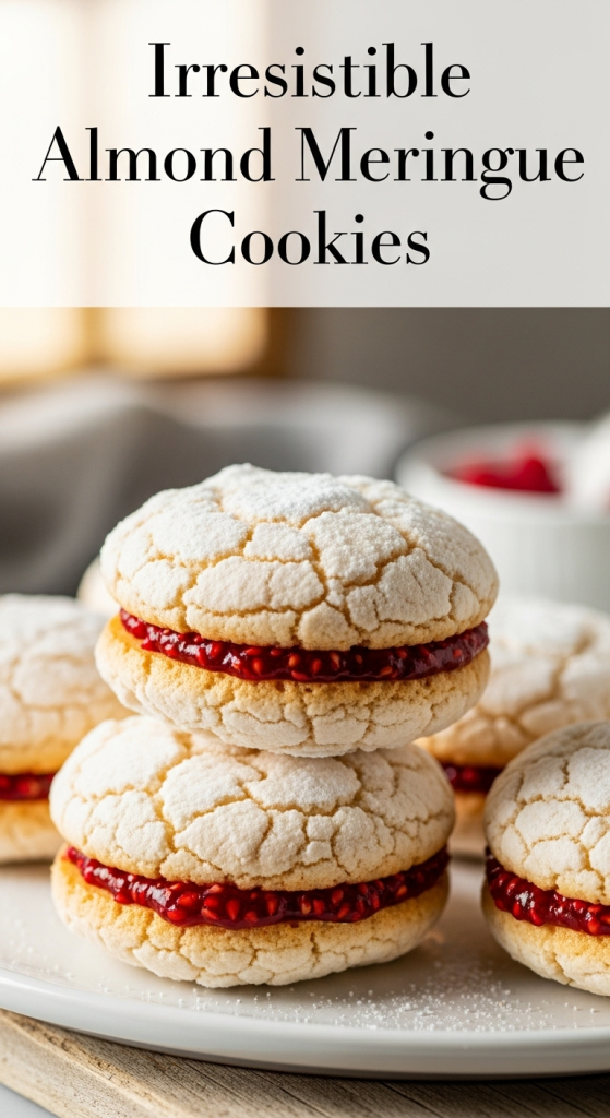 Create a vertical Pinterest pin image (1000x1500) for the recipe "Irresistible Almond Meringue Cookies with Raspberry Filling" Show a close-up of the prepared dish, vibrant and appetizing, with realistic textures and natural lighting. Add the recipe title "Irresistible Almond Meringue Cookies" in elegant, clean, and large typography at the top or center. Use a readable, modern font, and make sure the text stands out clearly. Do NOT include any logo or website name. Keep the design simple, professional, and eye-catching.