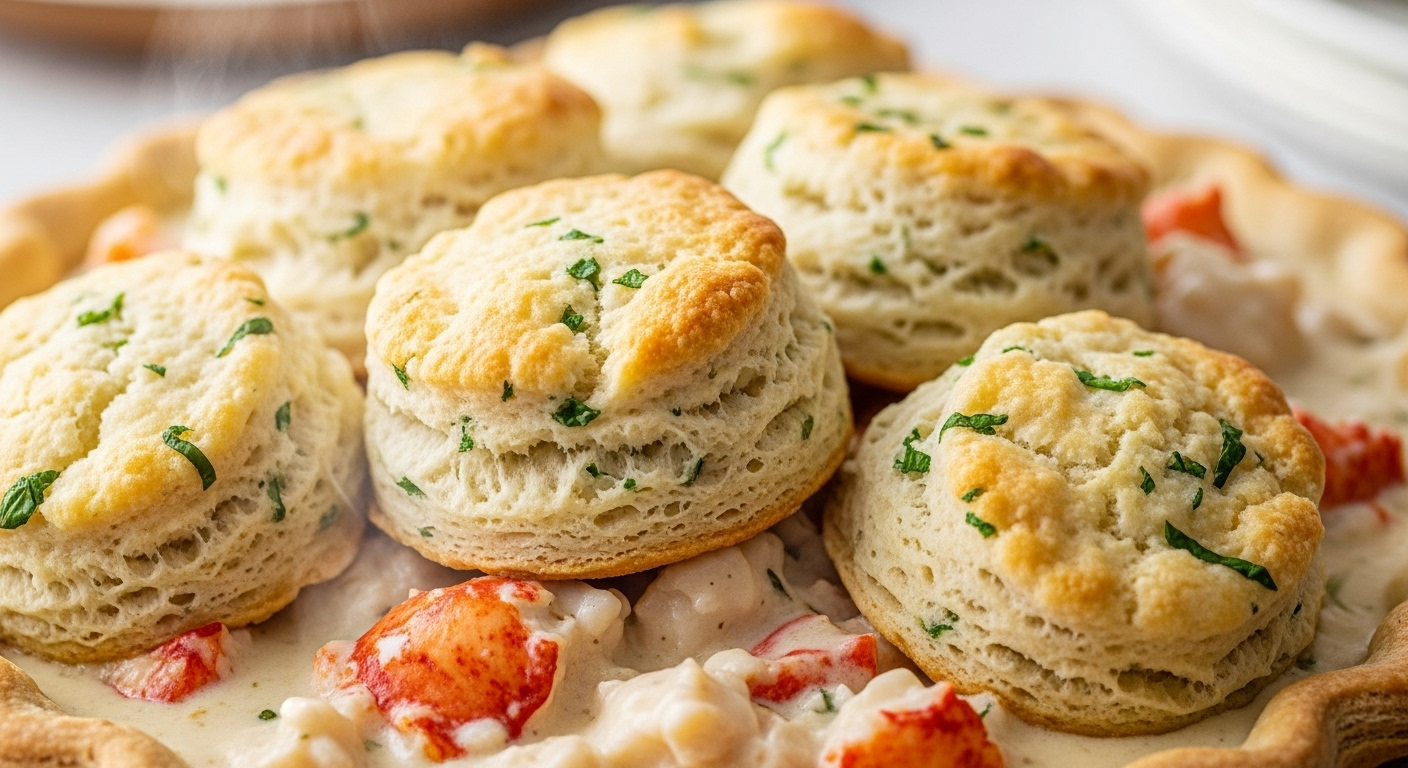 Savor Delicious Lobster Pot Pie Topped with Herby Tarragon Biscuits