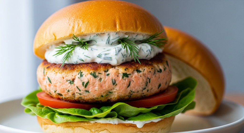 Savory Salmon Burgers with Refreshing Dill Yogurt Sauce