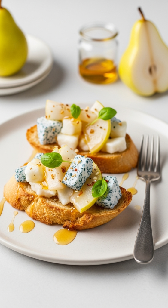 Sweet & Savory Asian Pear Gorgonzola Crostini with Honey Drizzle