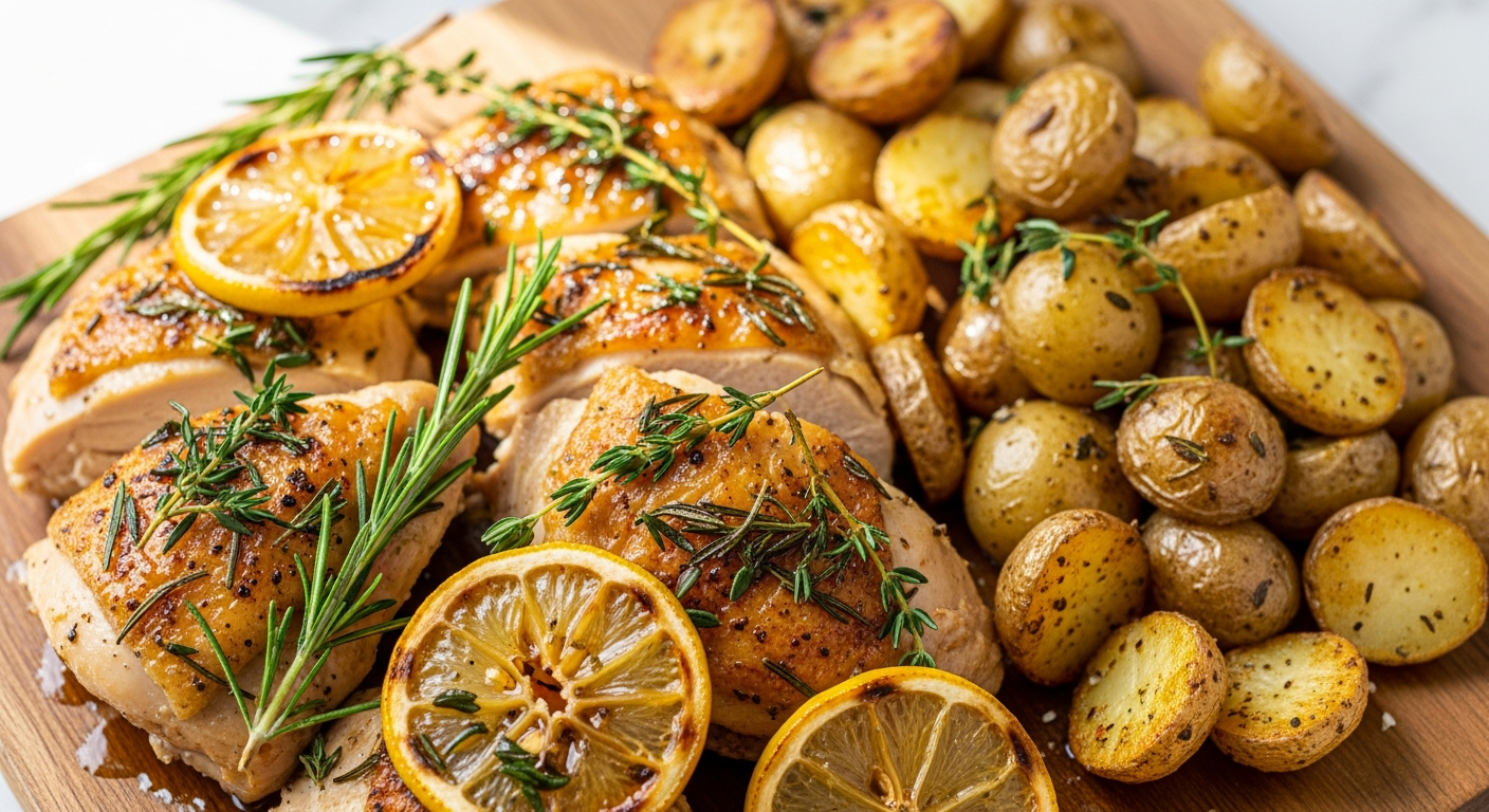 Zesty Roasted Lemon Herb Chicken with Crispy Potatoes Delight