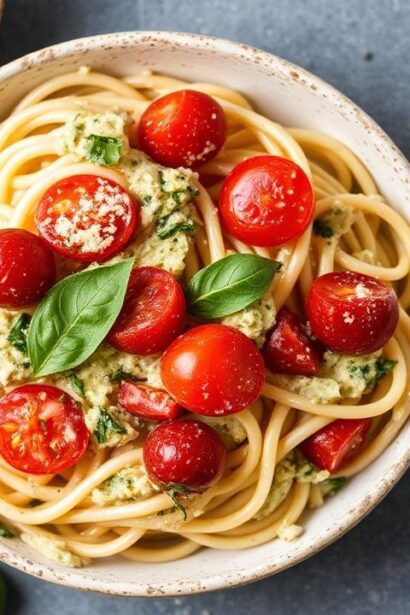 معكرونة كريمية بالبيستو وطماطم كرزية تضيف نكهة لا تصدق.
