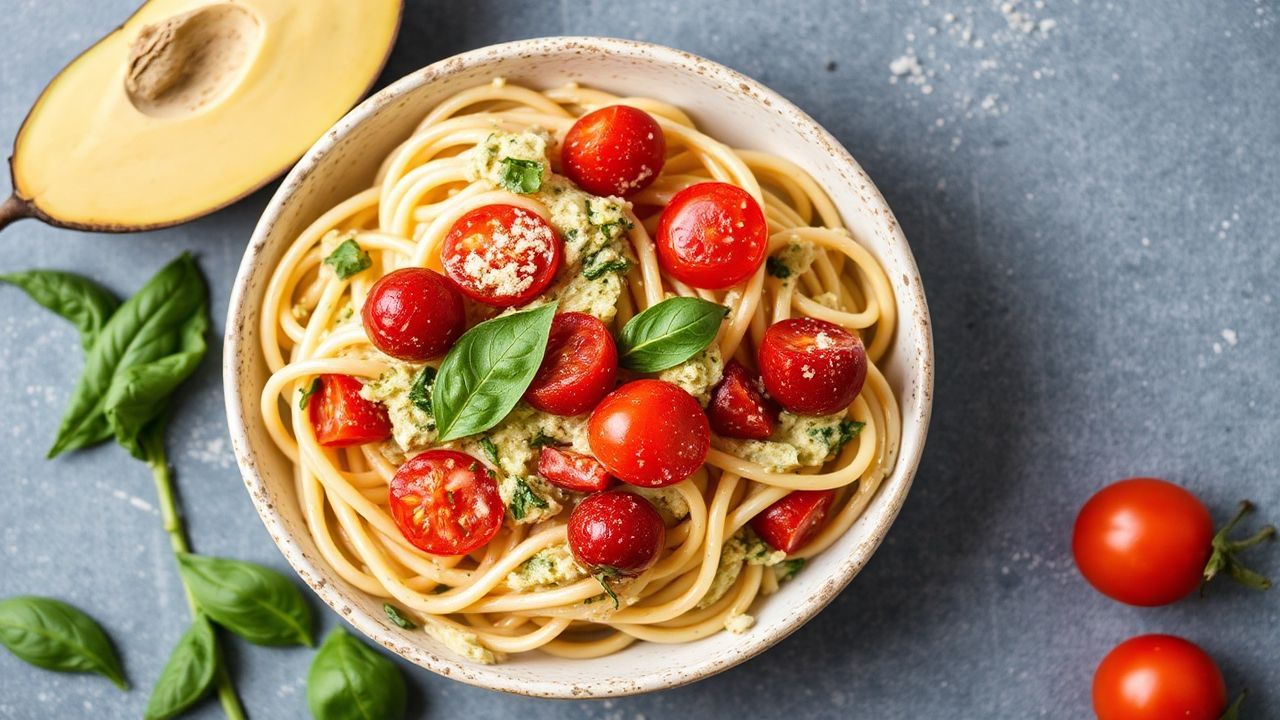 معكرونة كريمية بالبيستو وطماطم كرزية تضيف نكهة لا تصدق.