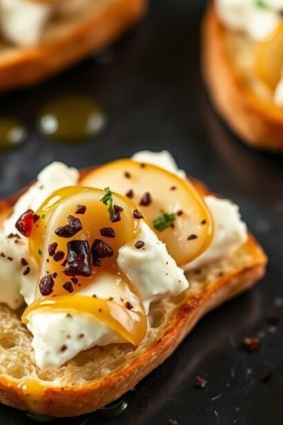 شرائح باستا آسيوية مع جرجونزولا وعسل على خبز محمص، حلوة ولذيذة