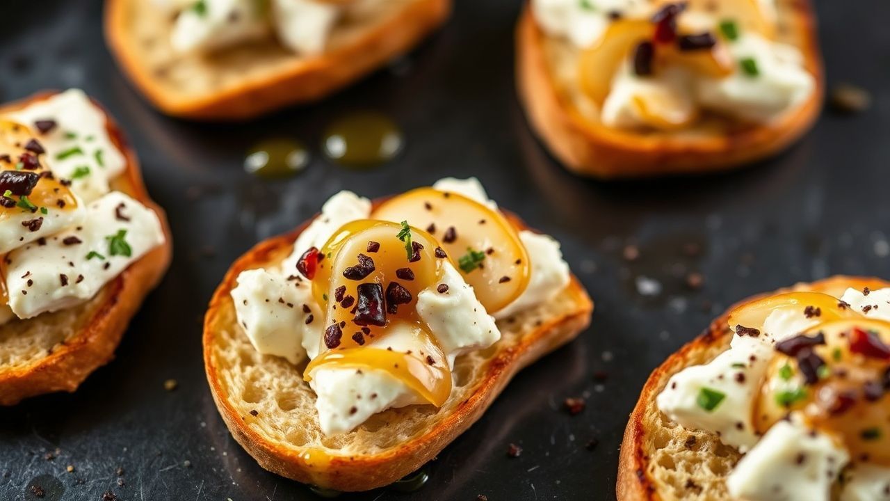 شرائح باستا آسيوية مع جرجونزولا وعسل على خبز محمص، حلوة ولذيذة