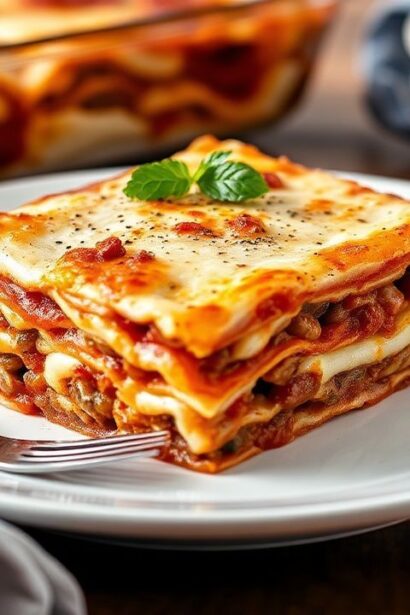 طبق لاسنـيا كلاسيكي بطبقات ريـكوتا وصوص اللحم الشهي، مع طبقات غنية ولذيذة.