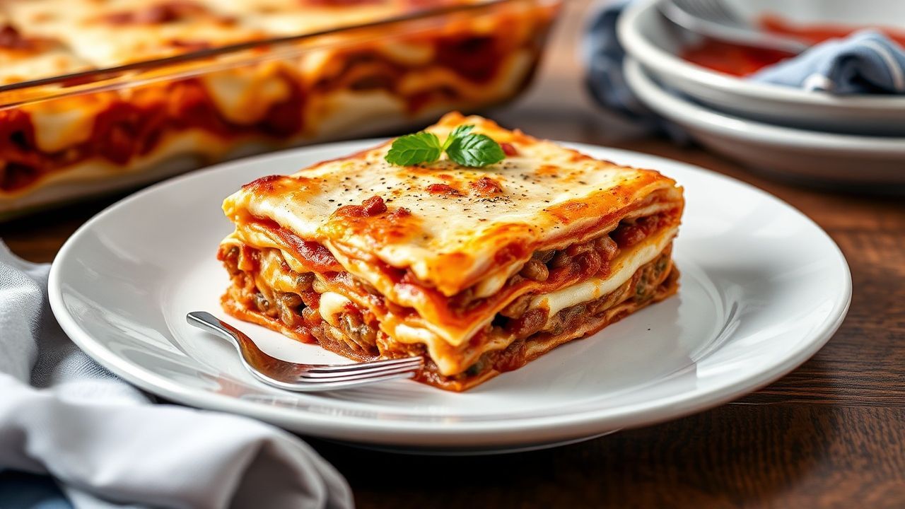 طبق لاسنـيا كلاسيكي بطبقات ريـكوتا وصوص اللحم الشهي، مع طبقات غنية ولذيذة.