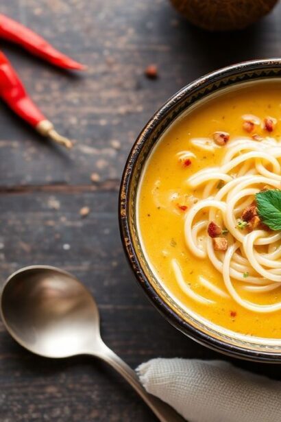 شوربة نودلز كاري جوز الهند الكريمية الدافئة، لتعزيز الحواس في ليلة باردة