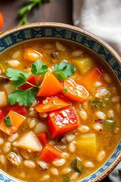 وعاء شوربة الشعير والخضار، دافئة ومغذية، بلقطة شهية وصحية للمذاق اليومي