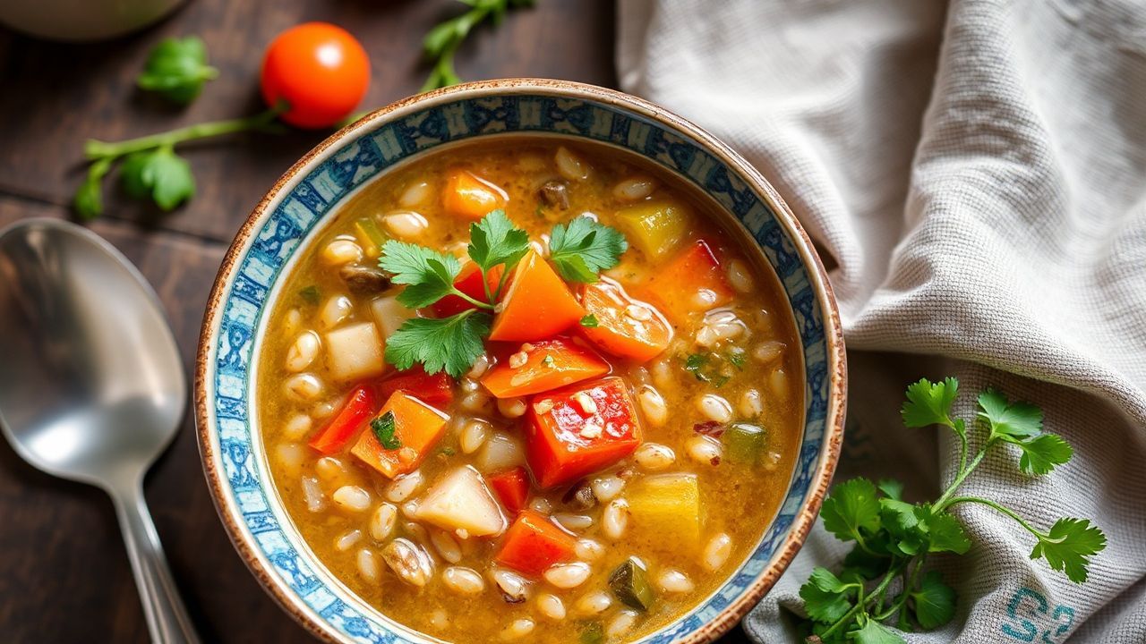 وعاء شوربة الشعير والخضار، دافئة ومغذية، بلقطة شهية وصحية للمذاق اليومي