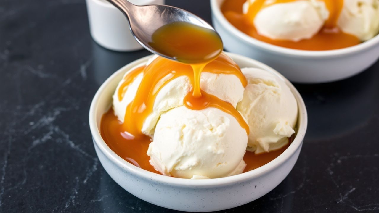 صوص كراميل مملح إيريسيبل ينسكب فوق آيس كريم، مغطّى بطعم لا يقاوم وسكّرية.