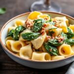 معكرونة فارفيللي كريمية بالسبانخ والخرشوف مع صوص بارميزان دسم