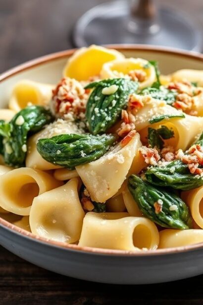 معكرونة فارفيللي كريمية بالسبانخ والخرشوف مع صوص بارميزان دسم