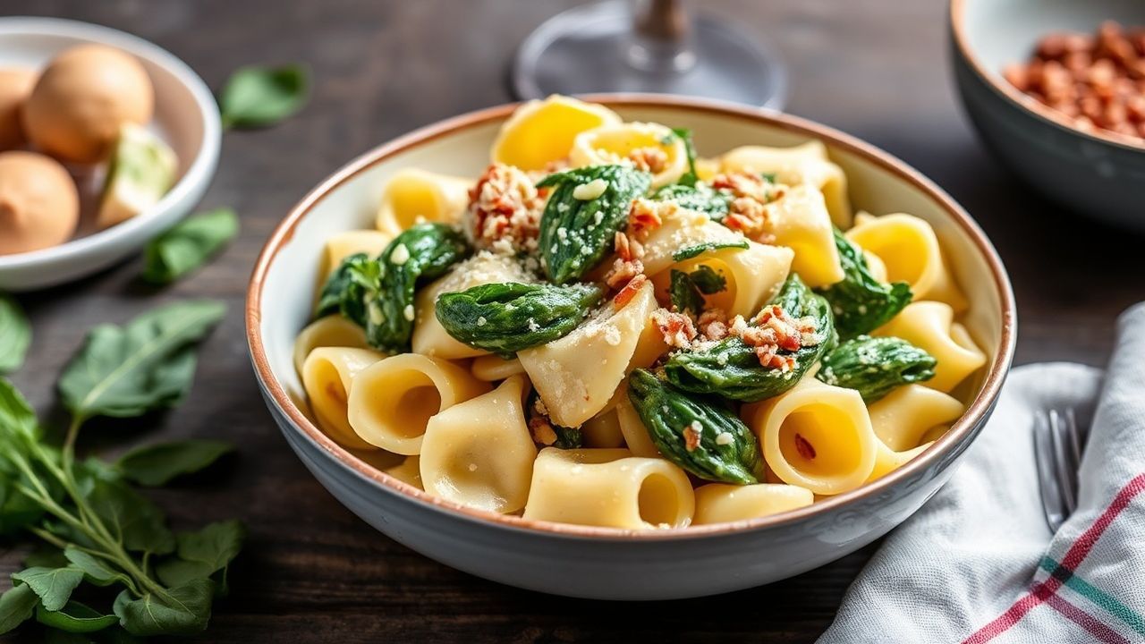 معكرونة فارفيللي كريمية بالسبانخ والخرشوف مع صوص بارميزان دسم