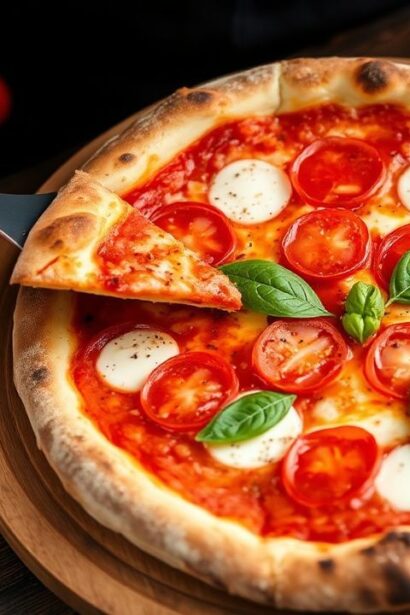 صورة بيتزا مارغريتا أصيلة شهية، تبرز نضارة الريحان والجبن والطماطم في تجربة مثالية.