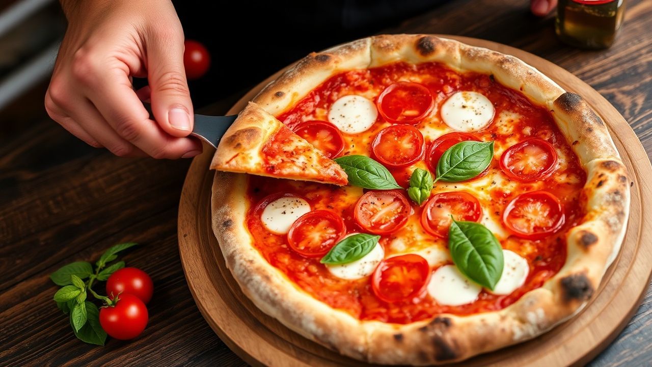 صورة بيتزا مارغريتا أصيلة شهية، تبرز نضارة الريحان والجبن والطماطم في تجربة مثالية.