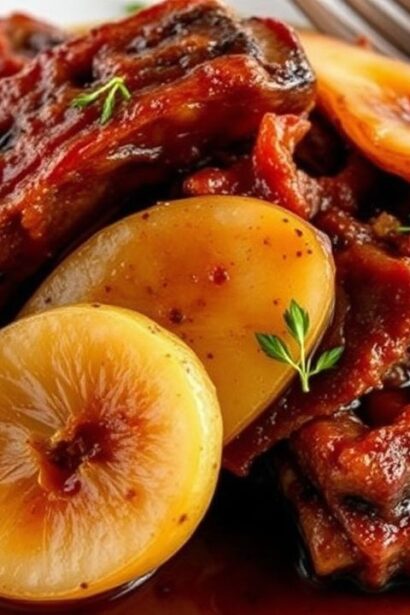 لحم أضلاع بقري طري متبّل بصلصة الكمثرى الحلوة والصويا، ببهارات جذابة ومظهر شهية.