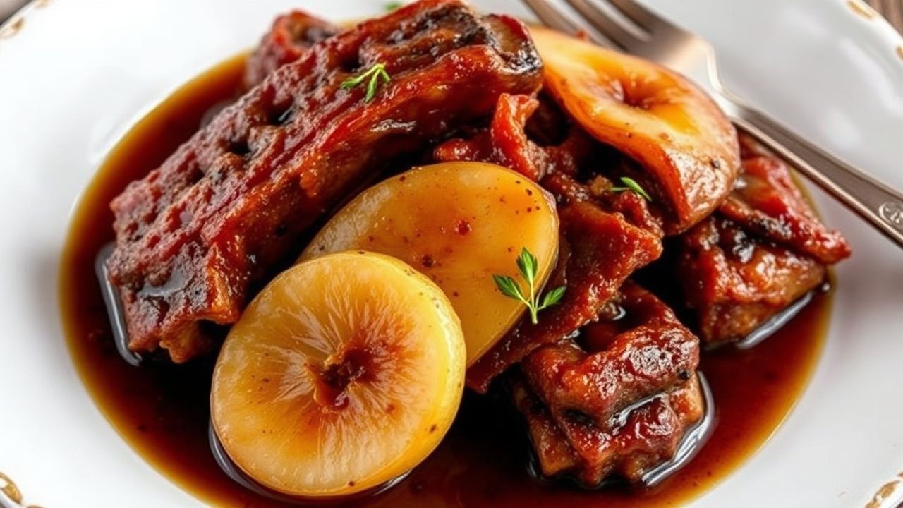 لحم أضلاع بقري طري متبّل بصلصة الكمثرى الحلوة والصويا، ببهارات جذابة ومظهر شهية.