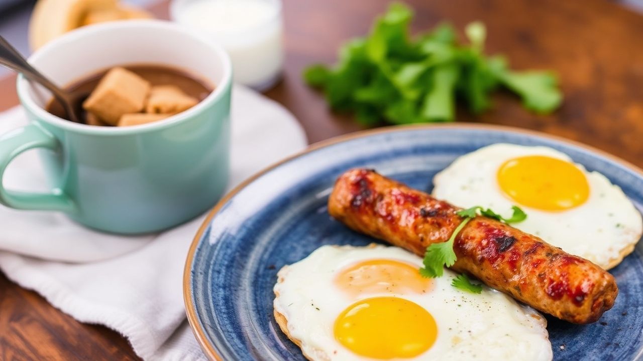 بيض مخفوق متبل مع نقانق شهية، أفضل فطور أو عشاء.