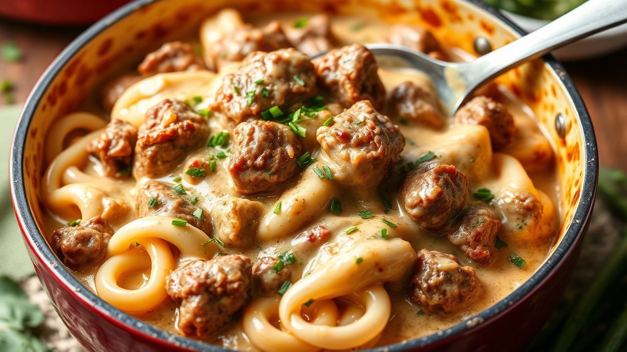 مرق كريمي بيلاف بزيت واحد في قدر واحد لعشاء سريع “20-Minute One-Pot Beef Stroganoff Delight”