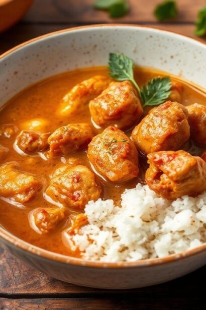 حساء الفول السوداني الغاني الغني مع دجاج طري، يقدم ساخنًا في وعاء كبير دافئ