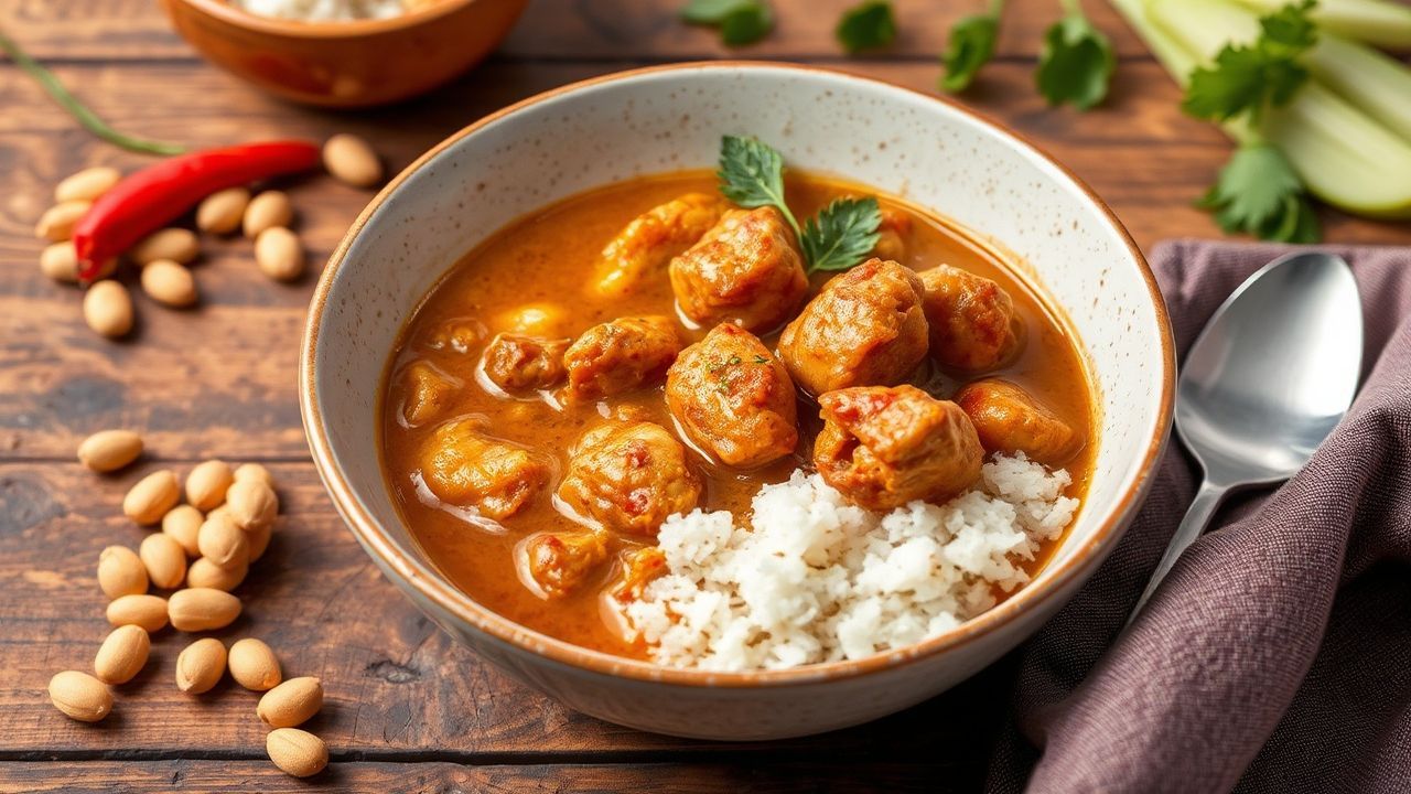 حساء الفول السوداني الغاني الغني مع دجاج طري، يقدم ساخنًا في وعاء كبير دافئ