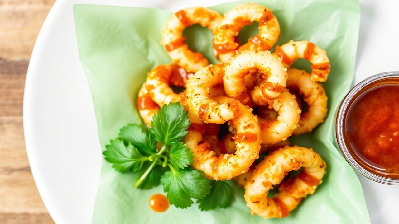 كالاماري مقلي مقرمش مع صوص مارينارا حار لاذع زينتي، طبق شهية لذيذ.