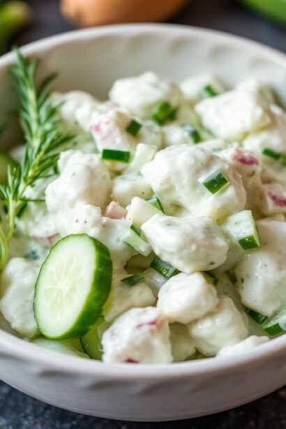 سلطة خيار وبصل كريمية منعشة بجوّ مائل للانتعاش وتقديم لطيف.