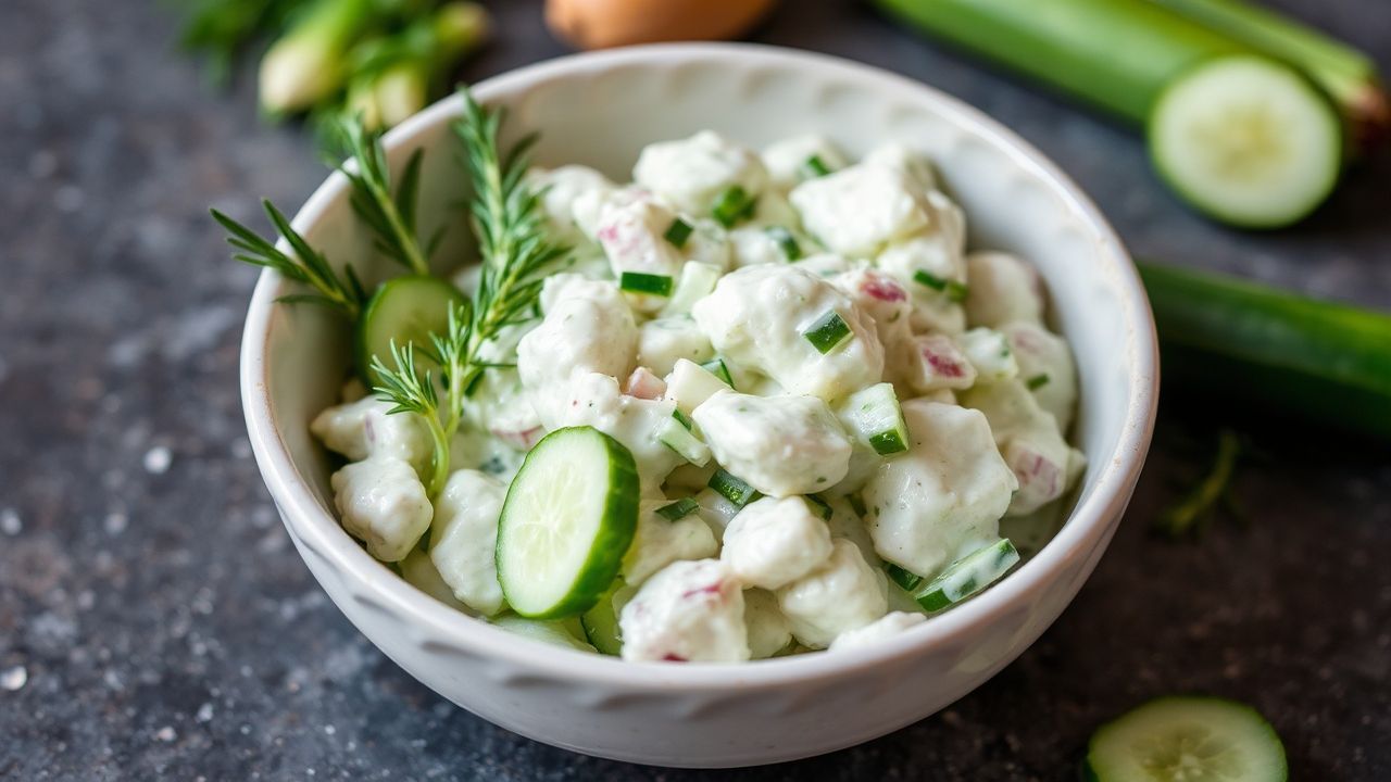 سلطة خيار وبصل كريمية منعشة بجوّ مائل للانتعاش وتقديم لطيف.