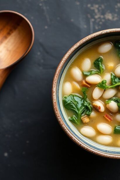 حساء الفاصوليا البيضاء والكرنب الشهية، طبق مغذٍ ودافئ مع نكهة غنية.