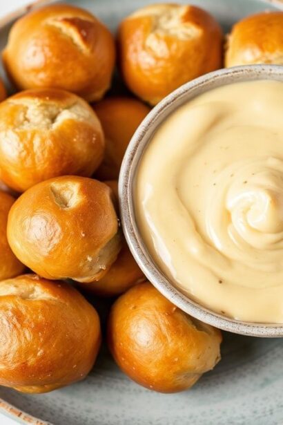 لدغات بريتزل طرية غير قابلة للمقاومة مع صوص جبن كريمي لذيذ، تفاصيل ذهبية مبهجة.