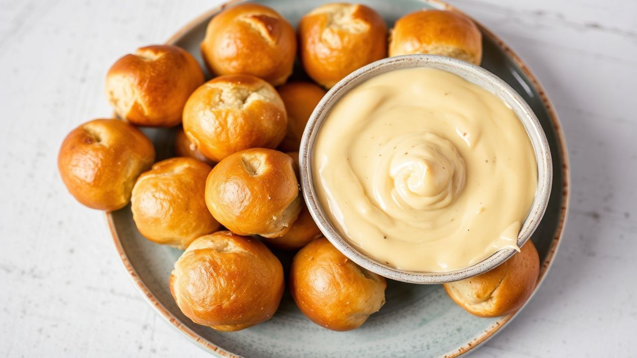 لدغات بريتزل طرية غير قابلة للمقاومة مع صوص جبن كريمي لذيذ، تفاصيل ذهبية مبهجة.