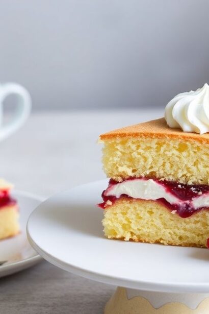 لقطة لكيكة فكتوريا الإسفنجية الكلاسيكية بطبقات مربى وكريمة كريمية، تفاصيل شهية للحلوى.