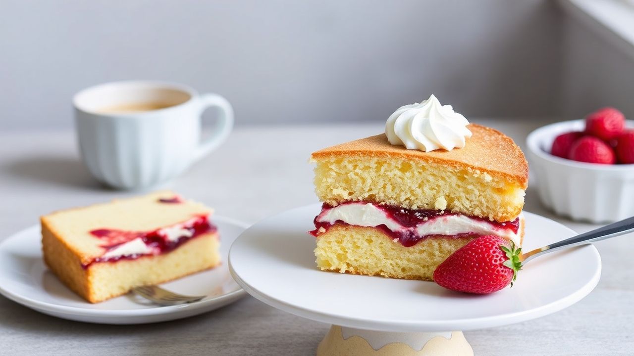 لقطة لكيكة فكتوريا الإسفنجية الكلاسيكية بطبقات مربى وكريمة كريمية، تفاصيل شهية للحلوى.