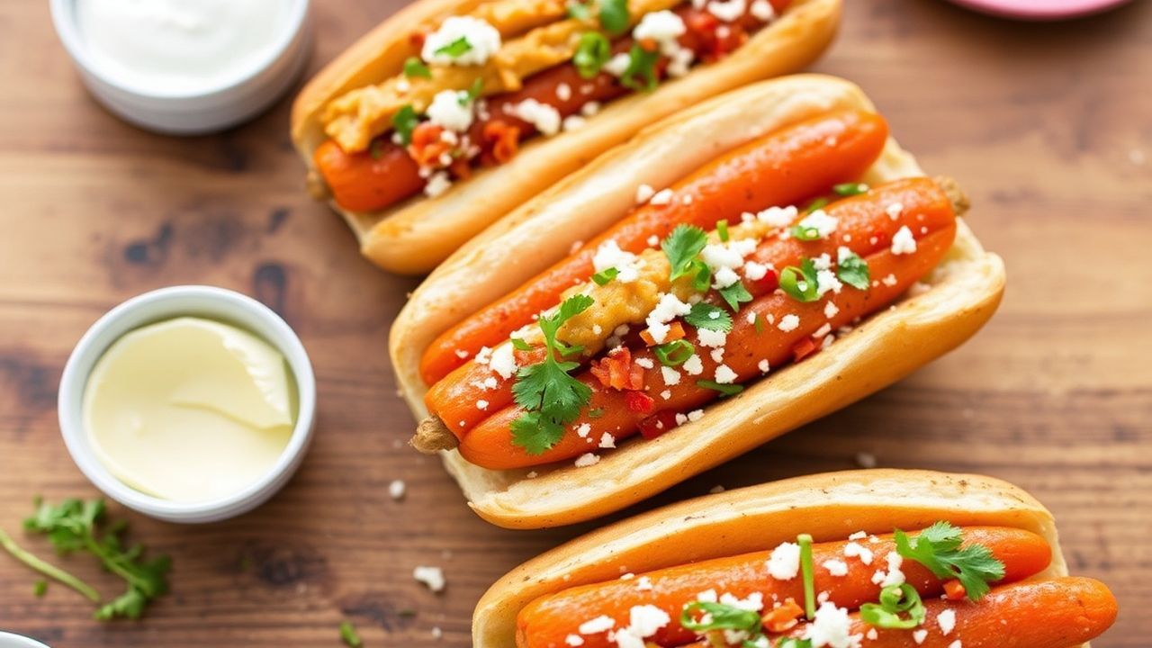 كرات جزر على شكل “هوت دوج” مع جميع الإضافات، دون أي لحم