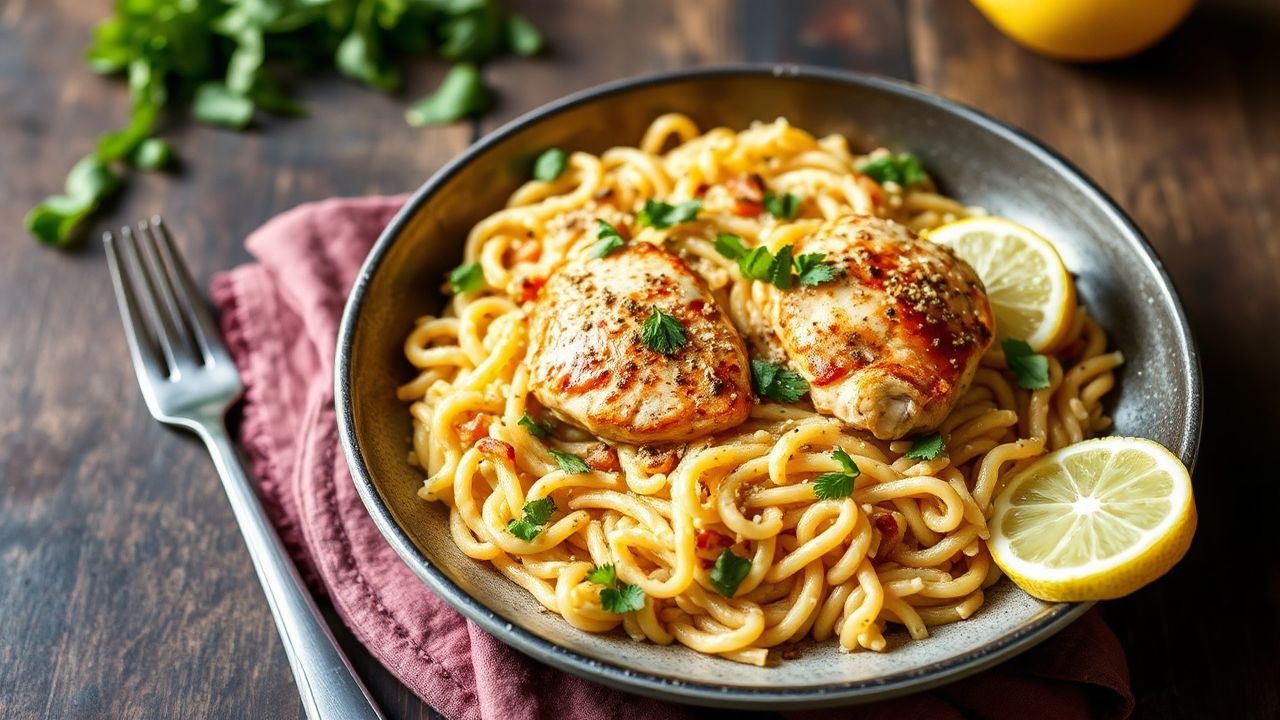 طبق دجاج بالليمون وأورزو في مقلاة واحدة، نكهات زاهية ومنعشة ومذاق حقيقي.