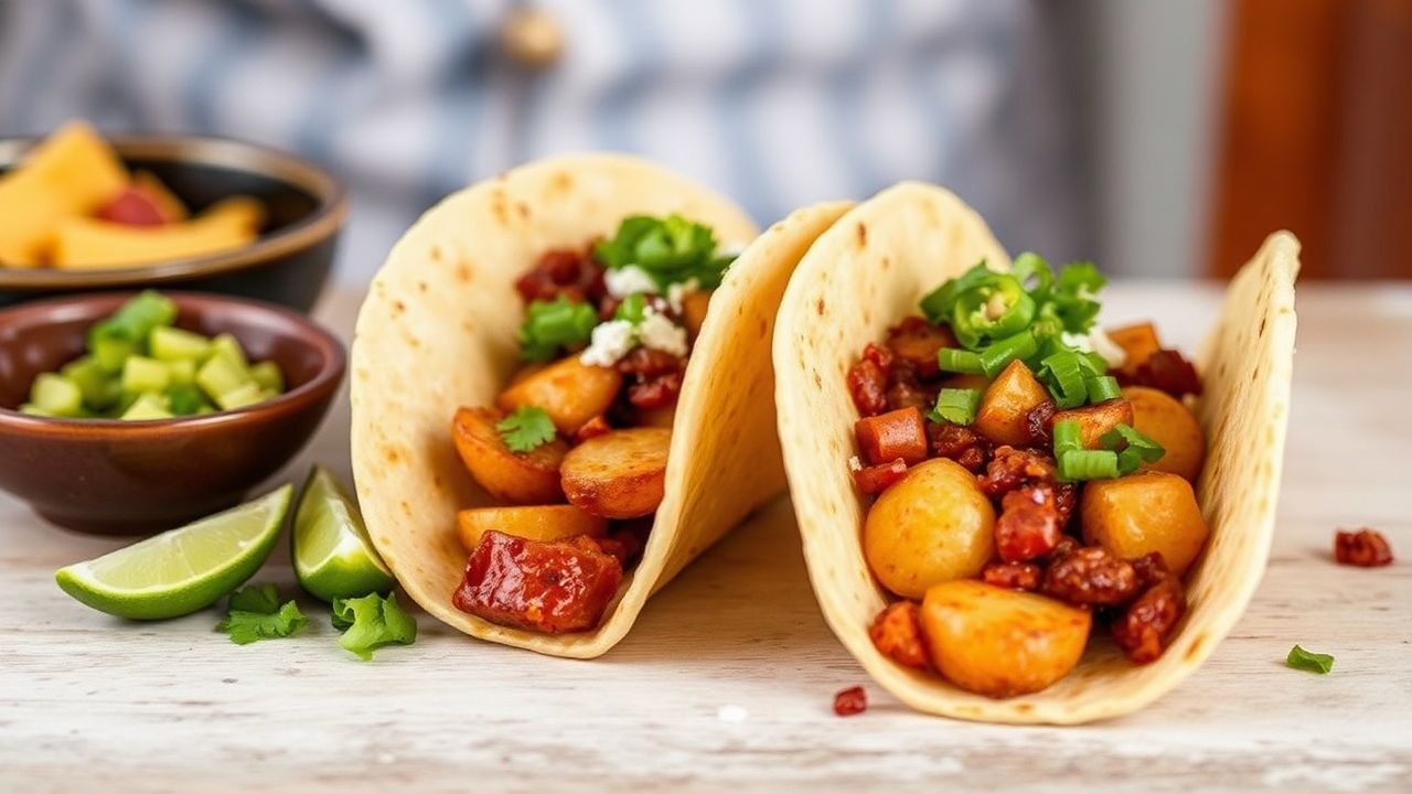 تacos فطور شوريزو وبطاطا شهية تحت شمس الصباح في أجواء “Sunrise Fiesta”.