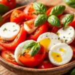 طبق كابريزي كلاسيكي مع طماطم طازجة وجبن موزاريلا ورياحين باسيل، بتوازن مثالي من النكهات.