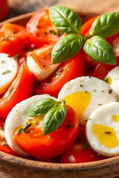 طبق كابريزي كلاسيكي مع طماطم طازجة وجبن موزاريلا ورياحين باسيل، بتوازن مثالي من النكهات.
