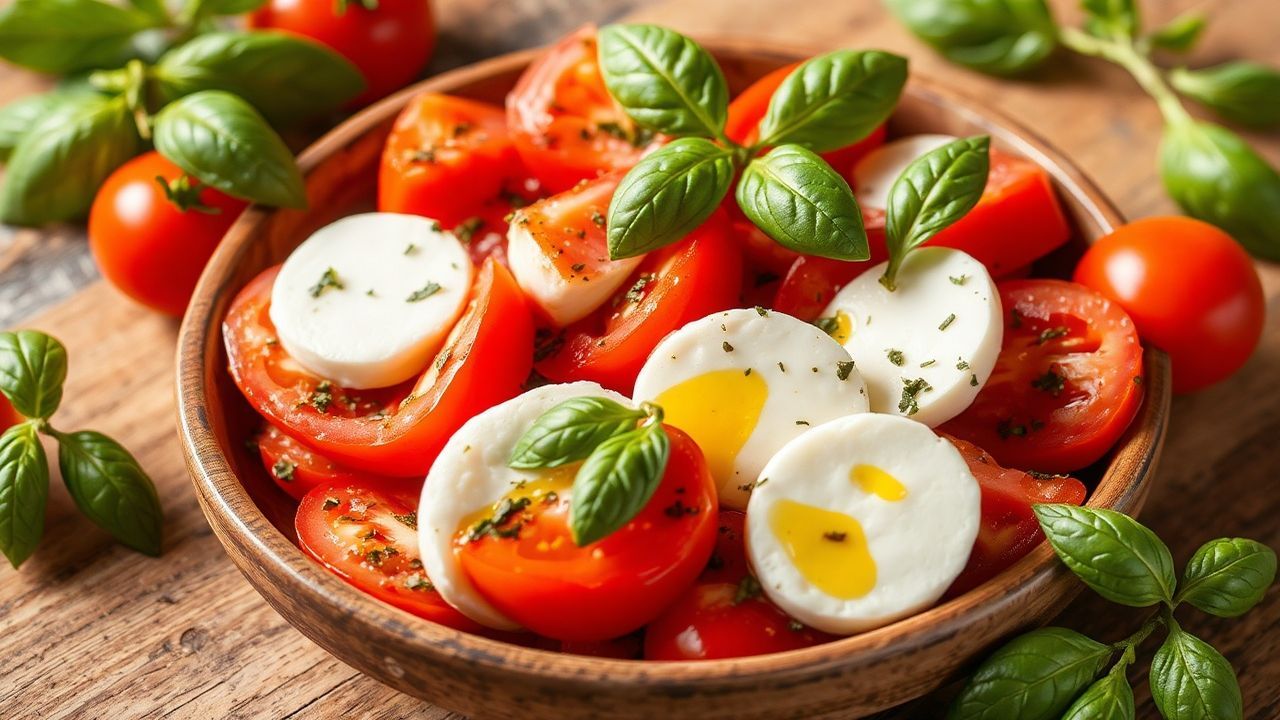 طبق كابريزي كلاسيكي مع طماطم طازجة وجبن موزاريلا ورياحين باسيل، بتوازن مثالي من النكهات.