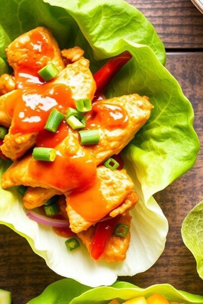 أجنحة التفاف خس بالدجاج الحار الحلو بنكهة زيس��ي، جاهز بسرعة وسهل.