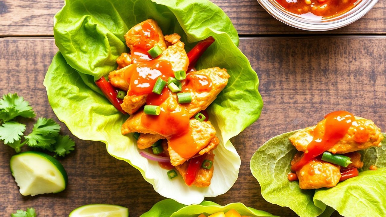 أجنحة التفاف خس بالدجاج الحار الحلو بنكهة زيس��ي، جاهز بسرعة وسهل.