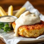 كعكات سرطان على الطريقة الميريلاندية تُقدَّم مع صوص التارتار الكلاسيكي.