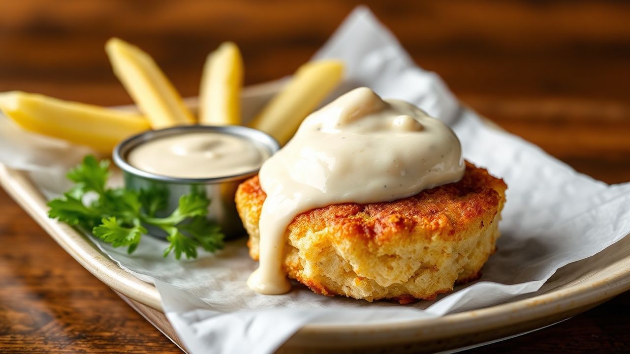 كعكات سرطان على الطريقة الميريلاندية تُقدَّم مع صوص التارتار الكلاسيكي.