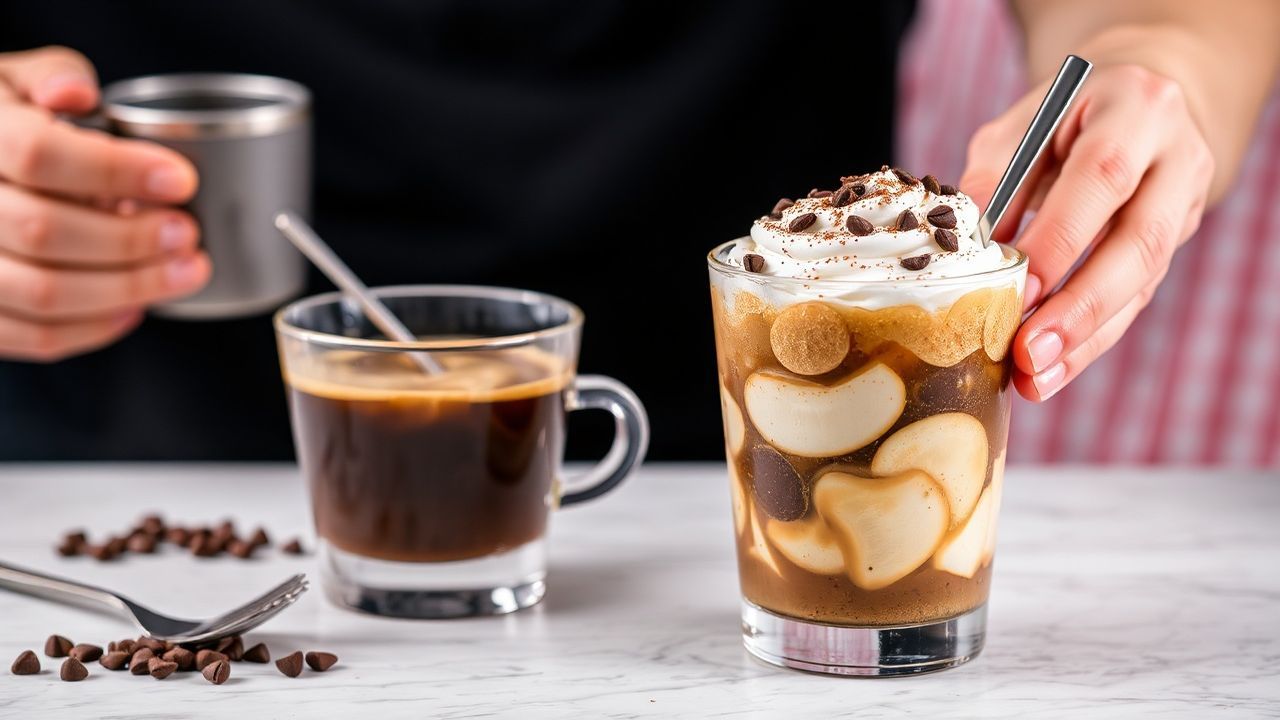 صورة حلوى القهوة غرانيتا مع كريمة بملعقة، باردة منعشة وجاهزة للتقديم، Chill & Thrill