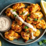 طبق قرنبيط مشوي متبل بشاورما مع طحينة كريمية ورشة توابل عطرية.