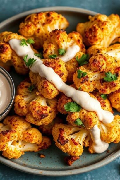 طبق قرنبيط مشوي متبل بشاورما مع طحينة كريمية ورشة توابل عطرية.